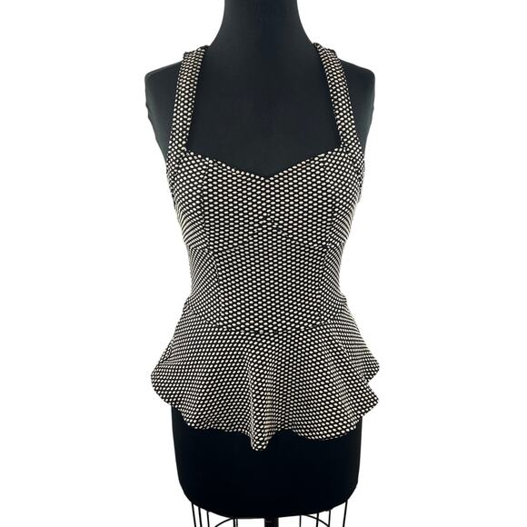 SANS SOUCI Knit Polka Dot Body Con Cut Out Back Peplum Zipper Top Size M Medium - Picture 2 of 9